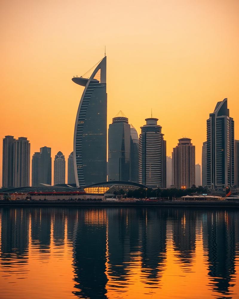 Bahrain World Trade Center towers reflecting in the water at golden hour