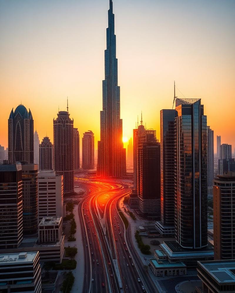 Dubai skyline with Burj Khalifa at sunset